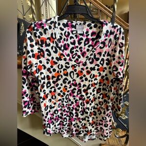 Chico's Women's V-Neck Long Sleeve Leopard Print Top - Pink & Orange